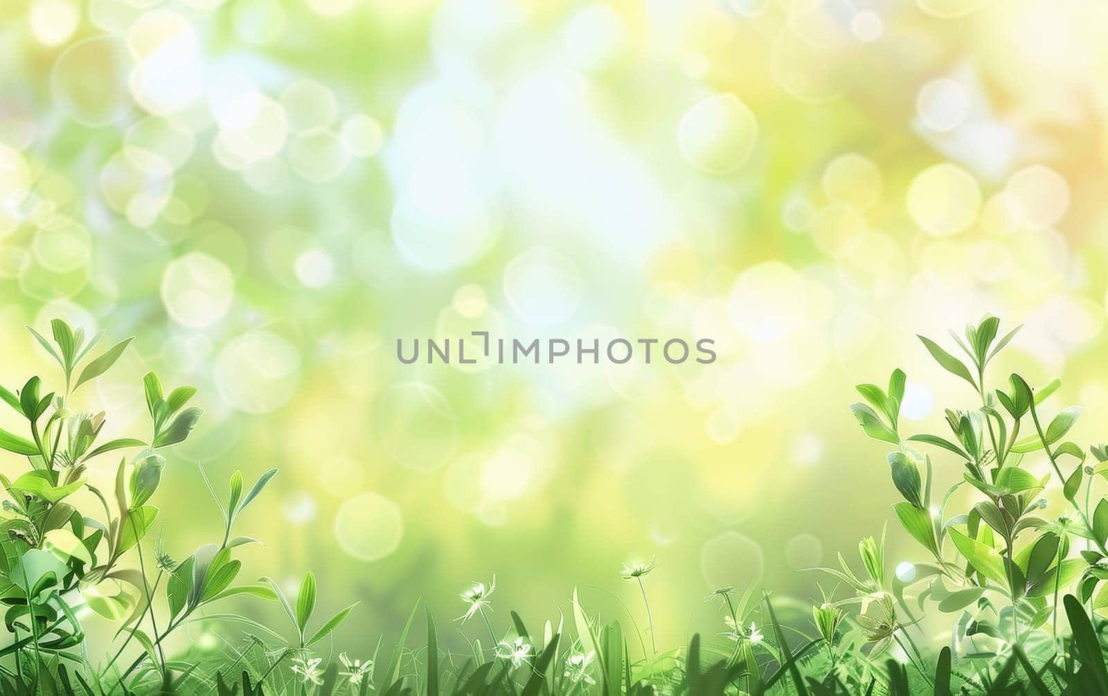 A lush carpet of greenery punctuated with delicate white flowers ushers in the verdant splendor of spring under a bokeh sunlight.