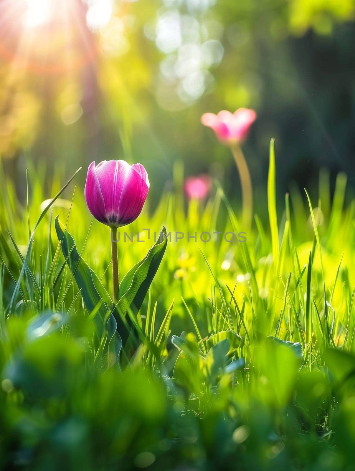 Radiant tulips rise from the green embrace of spring, serenaded by warm sunlight and the promise of new beginnings.