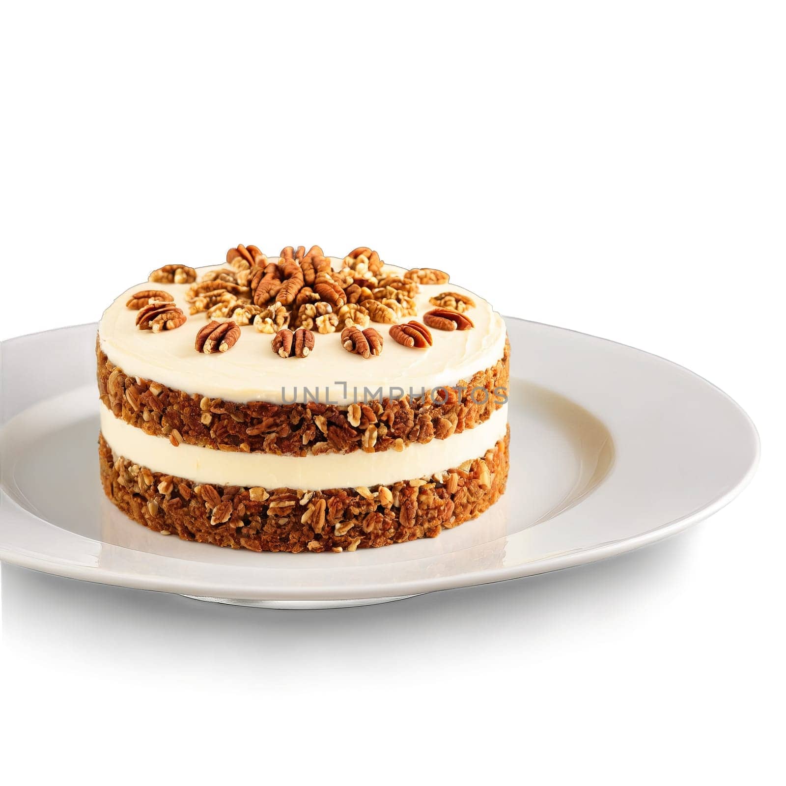 Carrot cake with moist texture visible carrot shreds cream cheese frosting chopped walnut garnish Culinary. close-up cake, isolated on transparent background