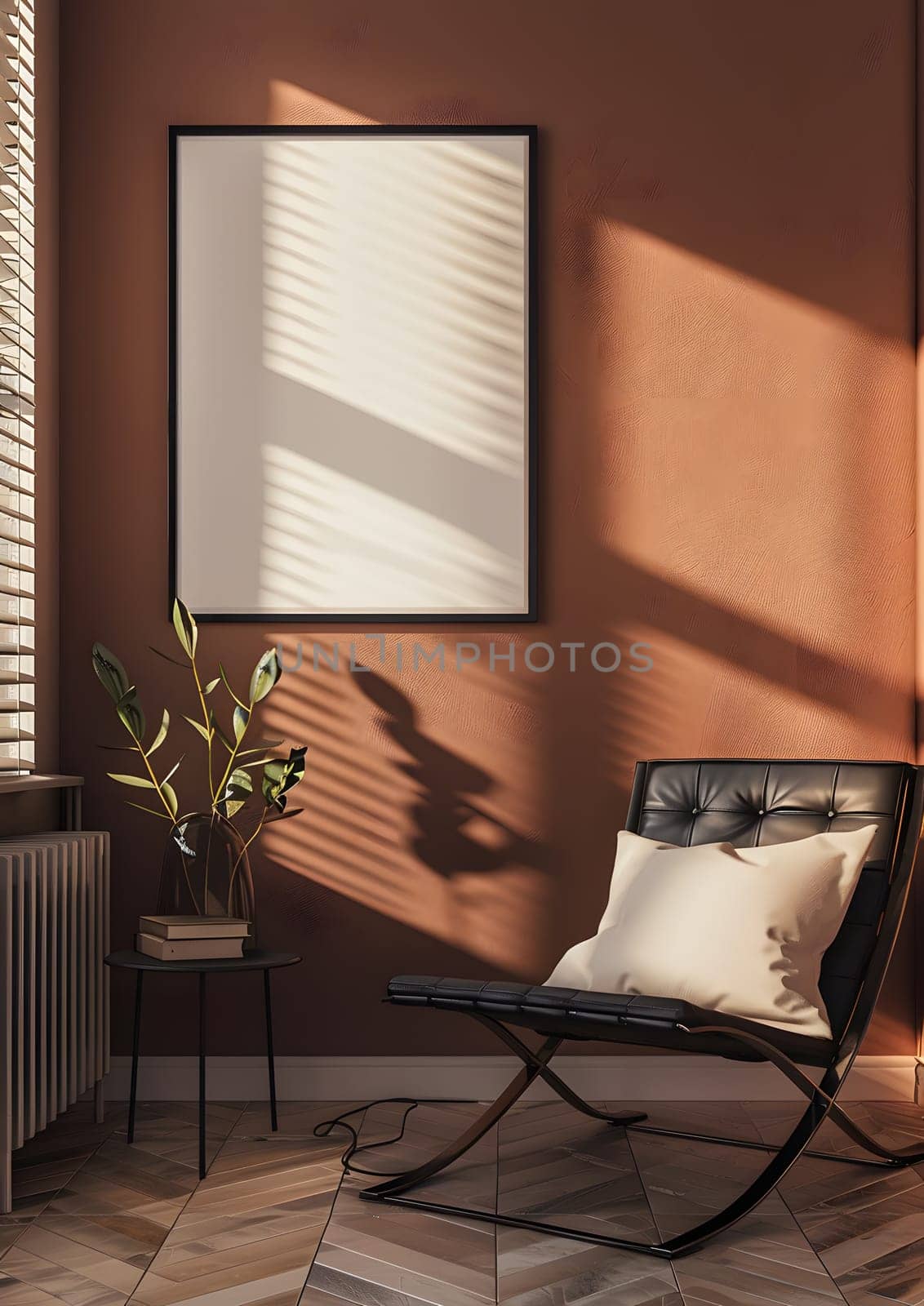 A cozy living room with comfortable furniture including a chair, a picture on the wall, and a houseplant in a wooden pot, creating a warm and inviting atmosphere