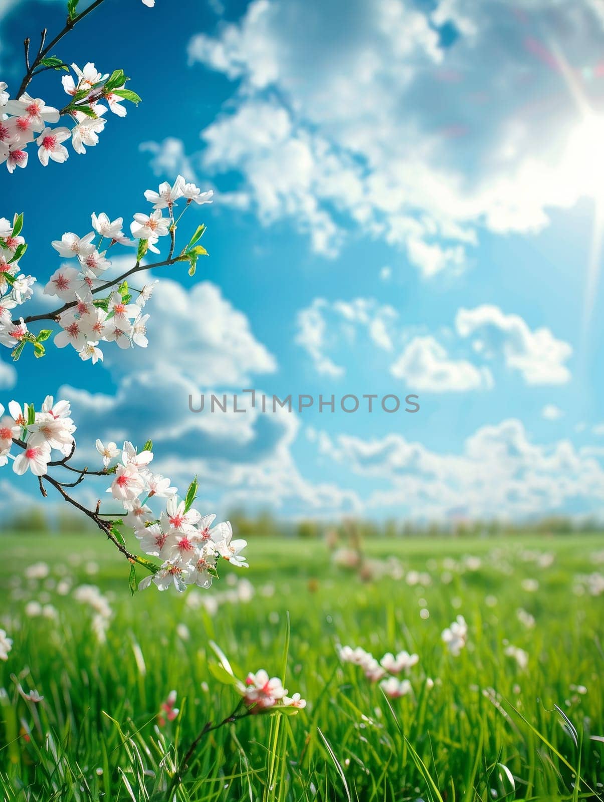 White blossoms adorn a branch against a backdrop of blue skies and fluffy clouds, epitomizing the serene beauty of spring.