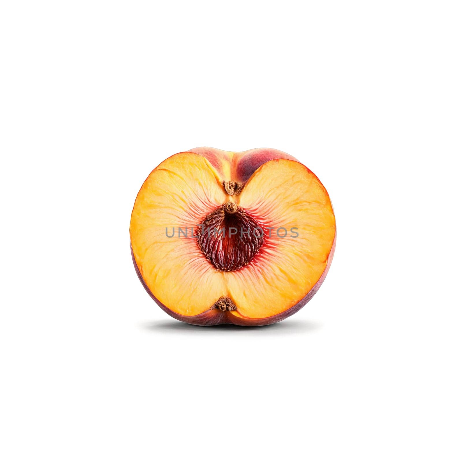 Peach with fuzzy skin and sliced half revealing pit in motion Food and culinary concept. Food isolated on transparent background.