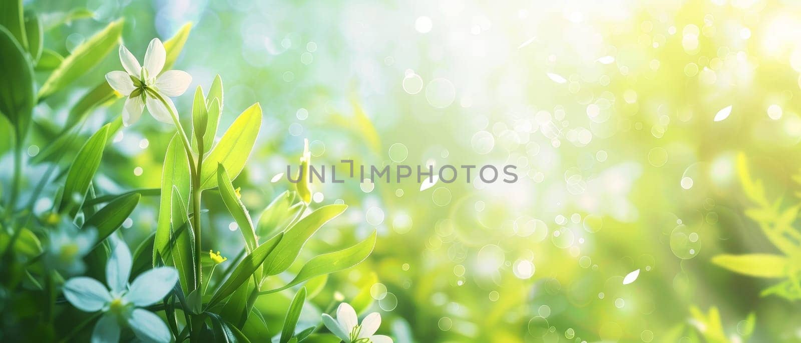 Sunlight pierces through a vibrant green canopy, illuminating star-shaped white flowers and casting a dance of bokeh. The image evokes a sense of new beginnings and nature spring awakening by sfinks