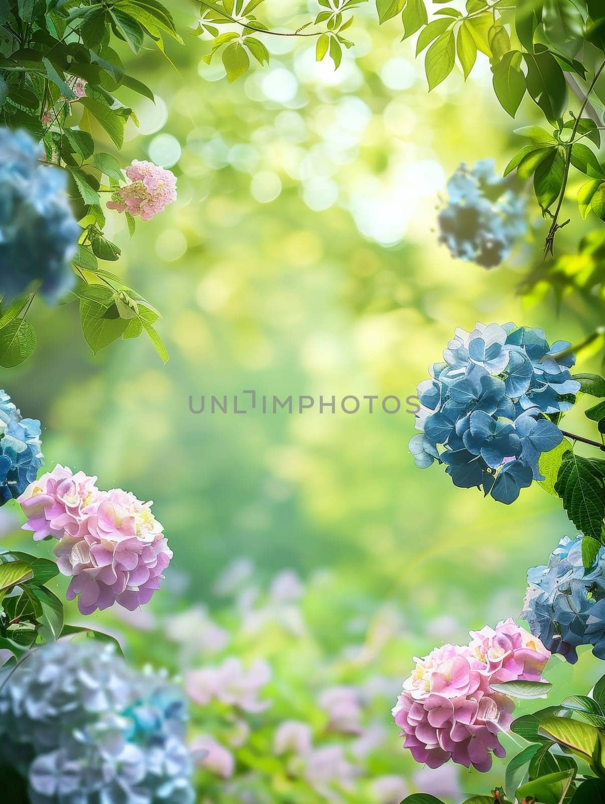 Sunbeams filter through the leaves, spotlighting a colorful array of hydrangeas in full bloom. The enchanting garden scene is a vivid showcase of summer's floral bounty by sfinks