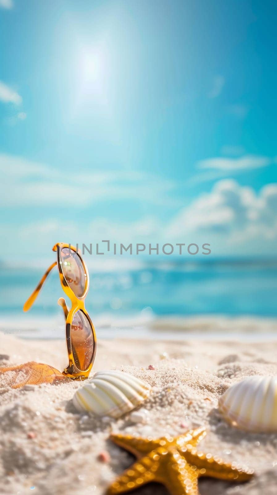 A pair of sunglasses stands sentinel on the sandy shore, flanked by starfish and seashells, under the watchful gaze of the summer sun.
