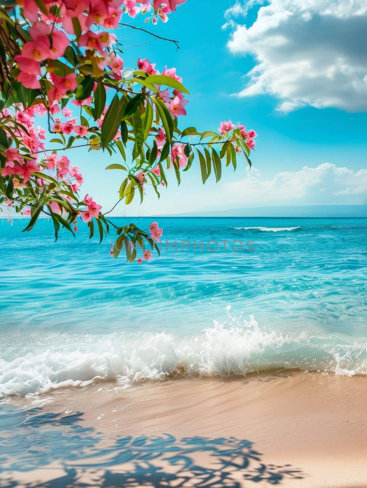 Waves gently kiss the shore under a cascade of pink blossoms, framing a tranquil tropical seascape under a sunny blue sky.