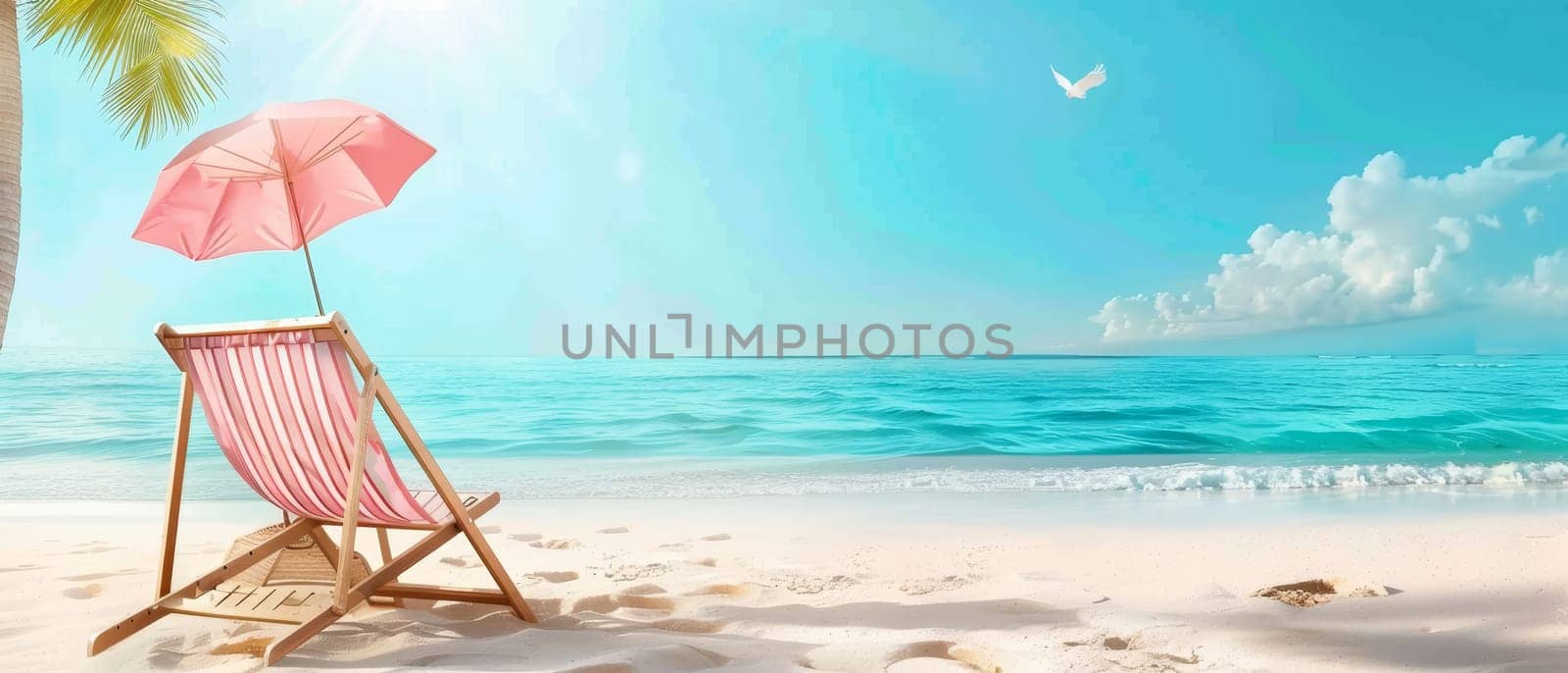 A pink deck chair and umbrella beckon a day of relaxation on a sandy beach, with the calm sea stretching to the horizon under a sunny sky by sfinks