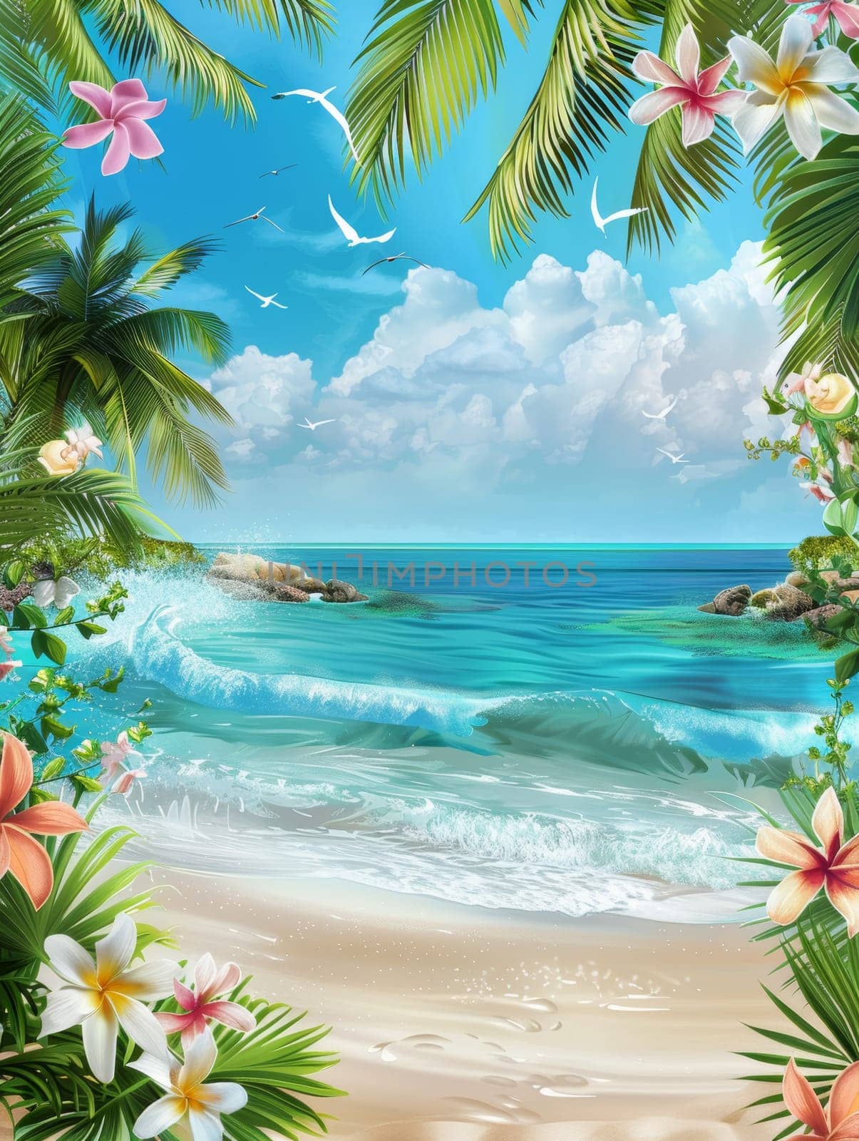 A vibrant tropical beach framed by palm fronds and flowers, with waves gently breaking on the shore and seagulls soaring above by sfinks