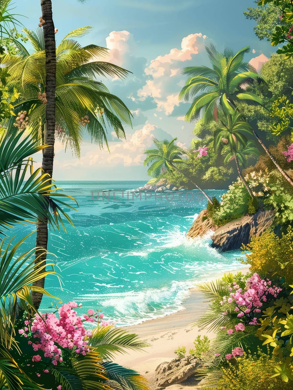 A secluded tropical beach cove surrounded by lush palms and blooming flowers, with turquoise waters welcoming a sense of adventure and tranquility by sfinks