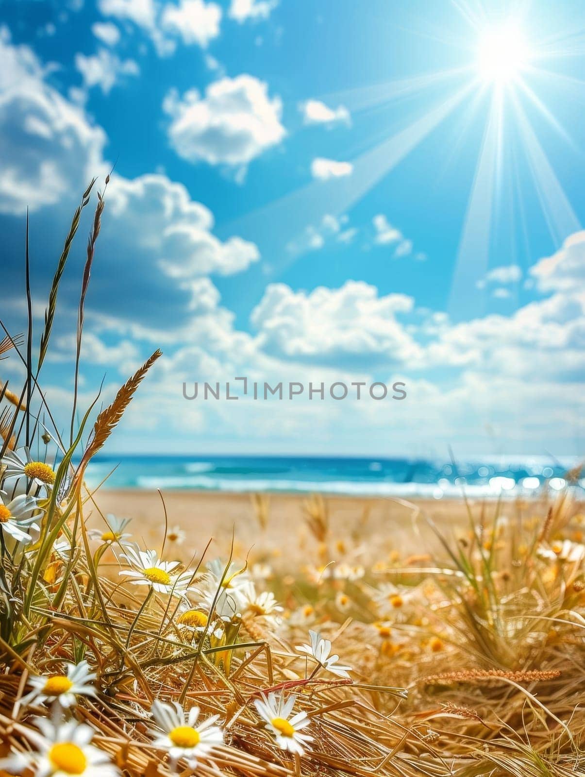 Sunlight pours over a coastal meadow of daisies, with the blue ocean and clear sky creating a backdrop of natural splendor.