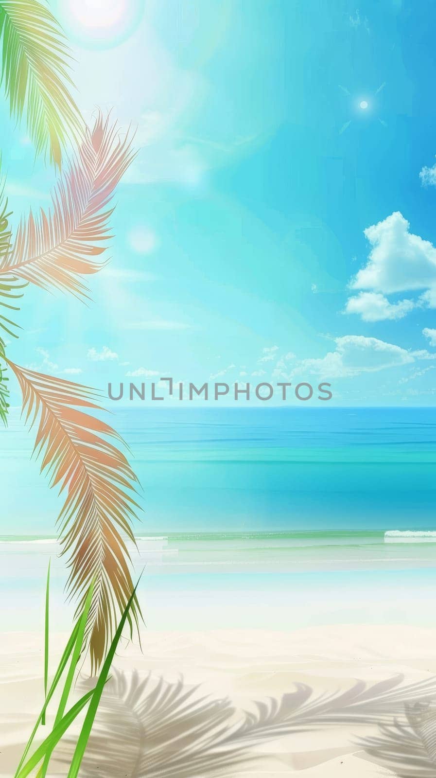 Gentle palm fronds frame a stunning view of a tranquil turquoise sea under a sunlit sky, embodying the quintessence of a peaceful beach paradise.