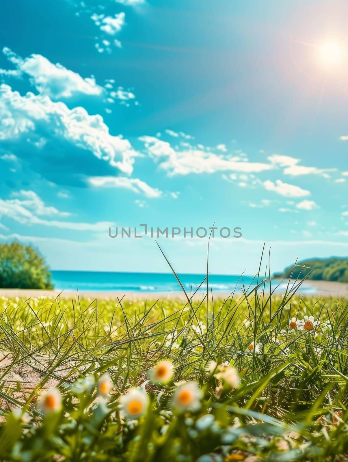 Sunbeams dance over daisies at the edge of a sandy beach, blending the charm of wildflowers with the allure of a coastal landscape.