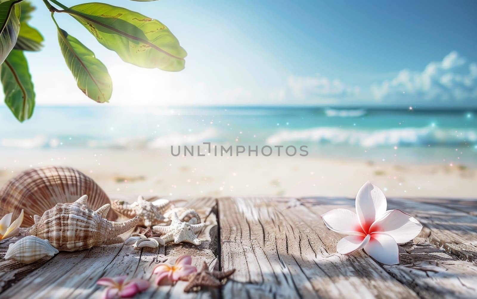 A serene coastal scene with shells and a frangipani flower resting on weathered wooden planks against a backdrop of a soothing beach and sparkling sea by sfinks