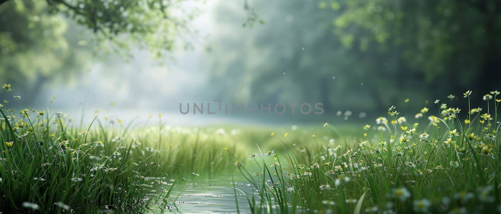 Morning mist hovers over a tranquil lakeside, where delicate wildflowers dot the water's edge. The quietude of nature's awakening is palpable in this soothing landscape by sfinks