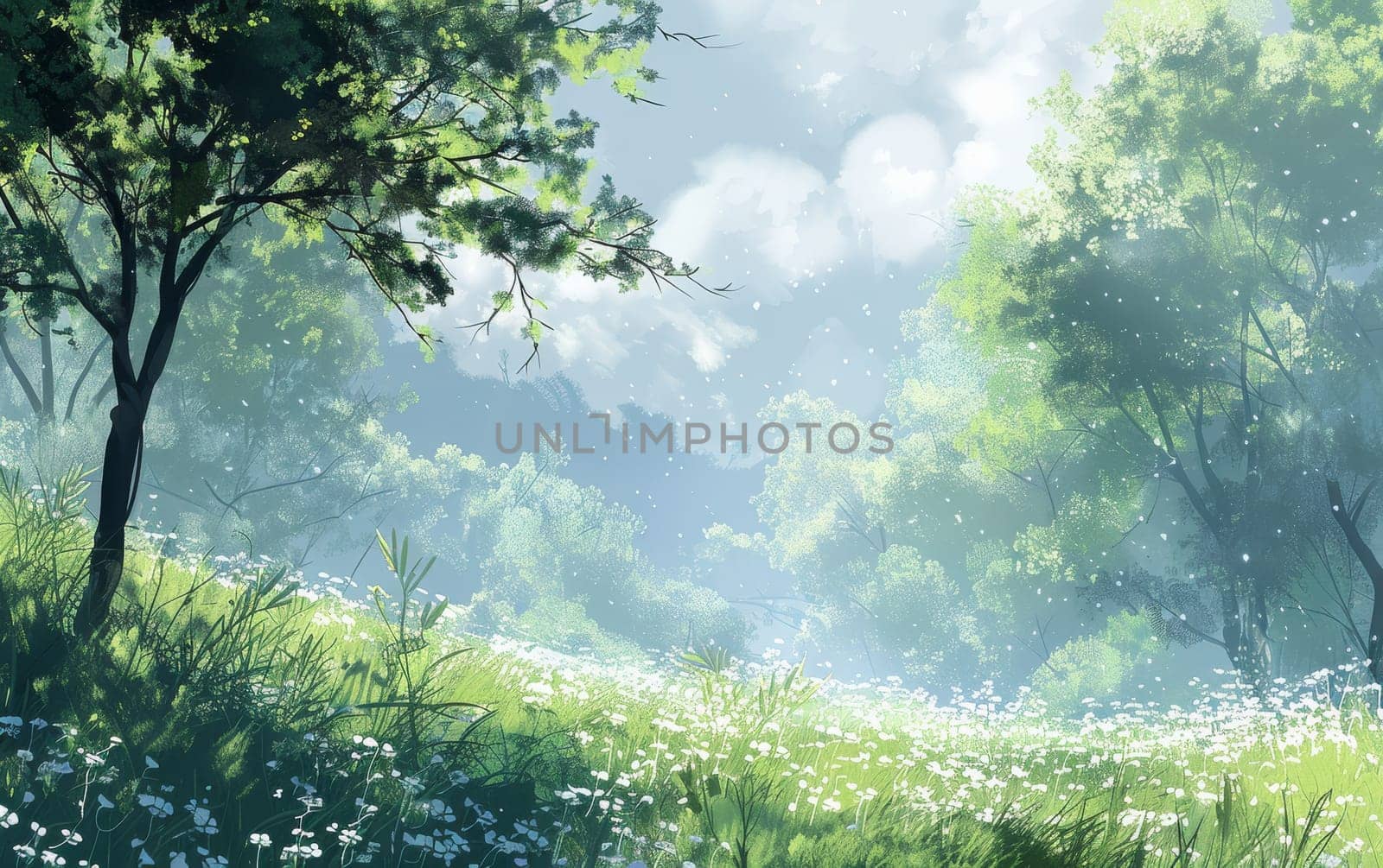 A woodland clearing bathed in diffused sunlight creates a luminous sanctuary, highlighting the delicate white flowers that adorn the forest floor. A serene retreat within the embrace of nature by sfinks