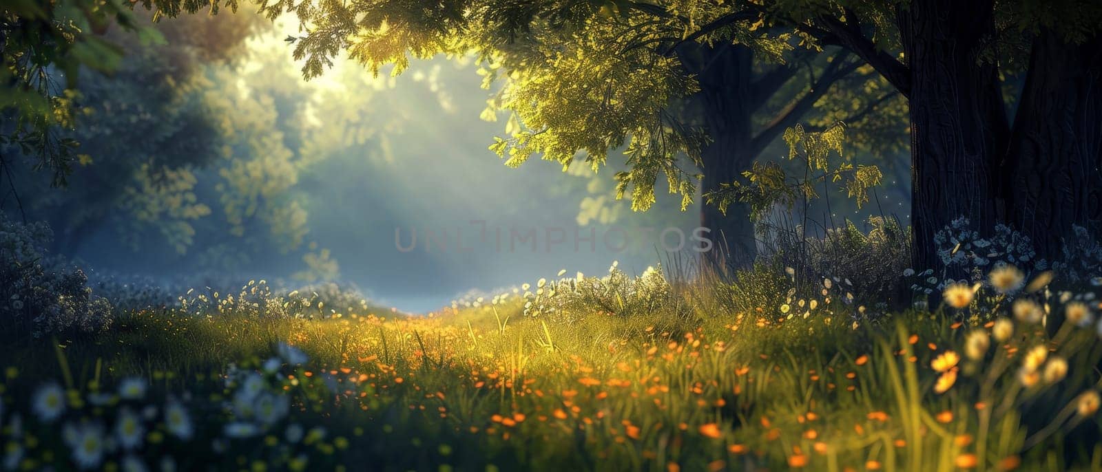 Sunlight filters through an ethereal forest, casting a golden glow over wildflowers and dew-kissed grass. The scene evokes a sense of peace and the magic of early morning in nature by sfinks