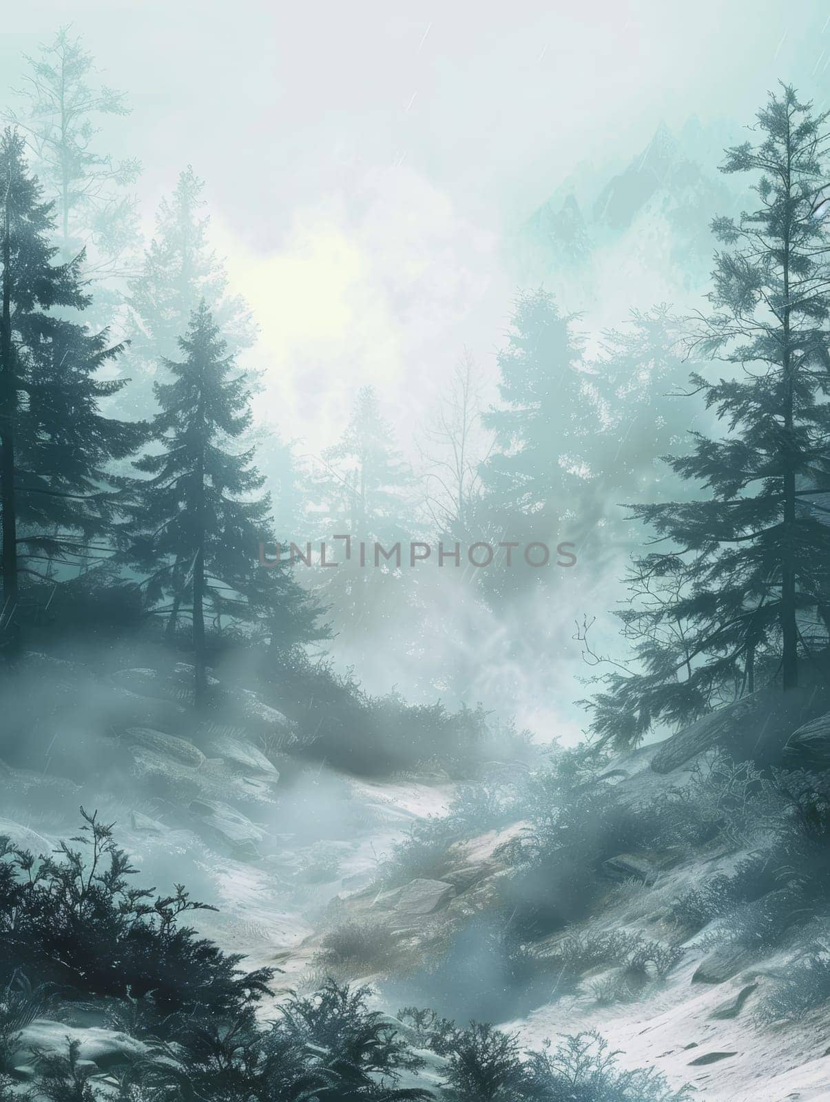 Ethereal fog weaves through a coniferous forest in the mountains, creating a mystical landscape that evokes silence and mystery. The monochromatic tones enhance the scene's dreamlike quality.