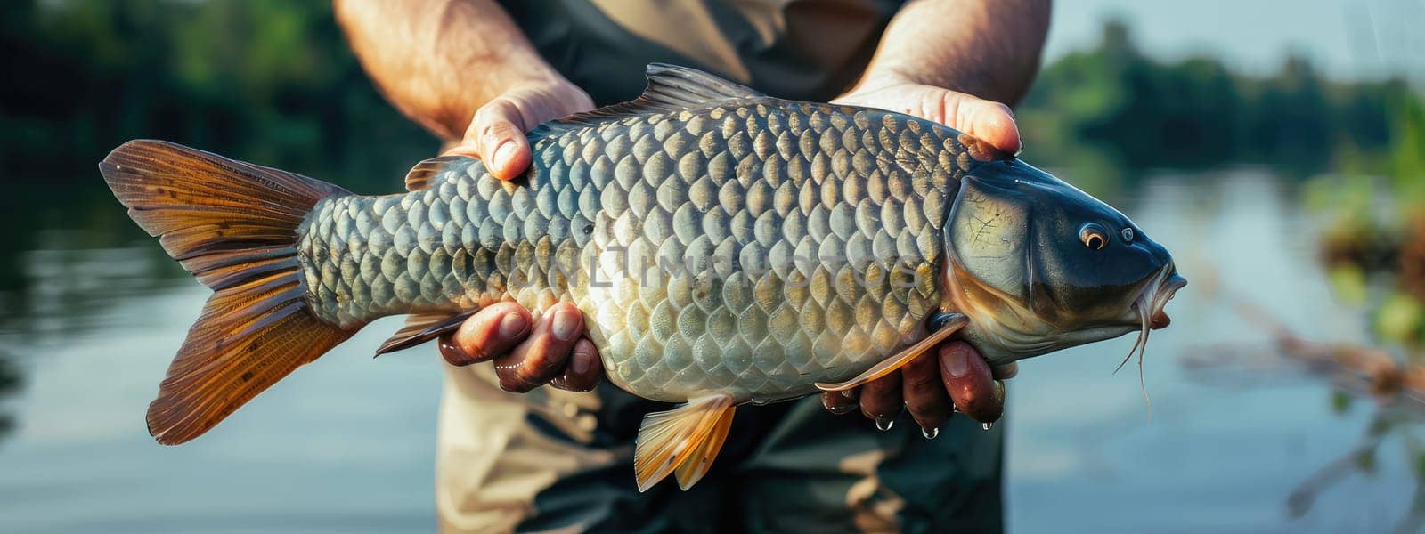 The fisherman holds a big fish in his hands. Selective focus. nature.