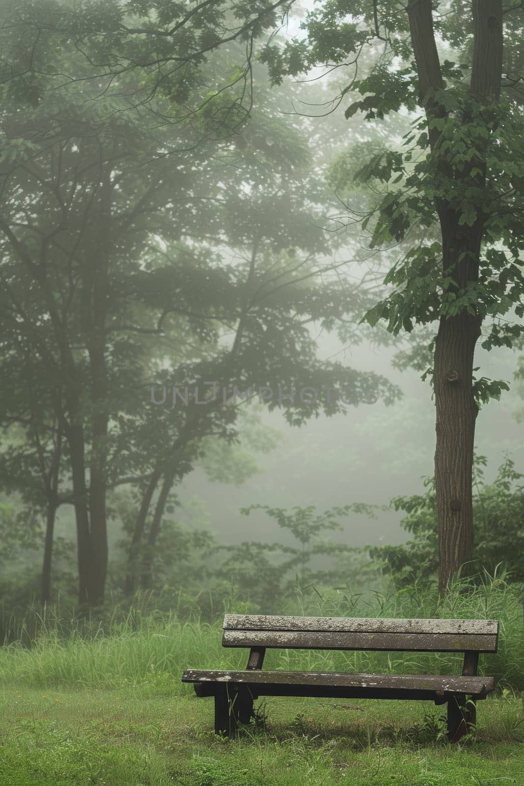 In a foggy park, a solitary bench offers a place of rest, its wooden slats damp with the morning mist. The surrounding greenery fades into a soft, white haze, inviting contemplation by sfinks