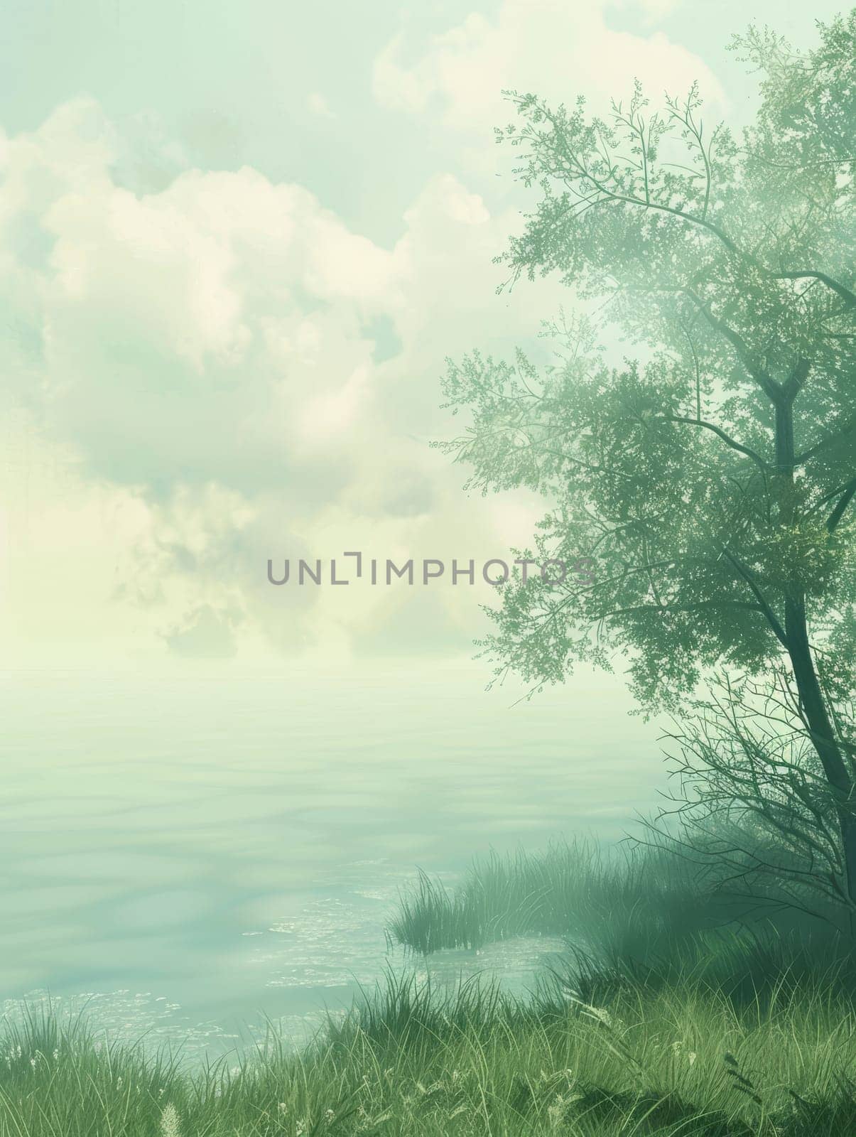 A serene lakeside morning is depicted with soft pastel colors, as a solitary tree watches over the calm waters. The ethereal clouds add a dreamy quality to the tranquil scene by sfinks