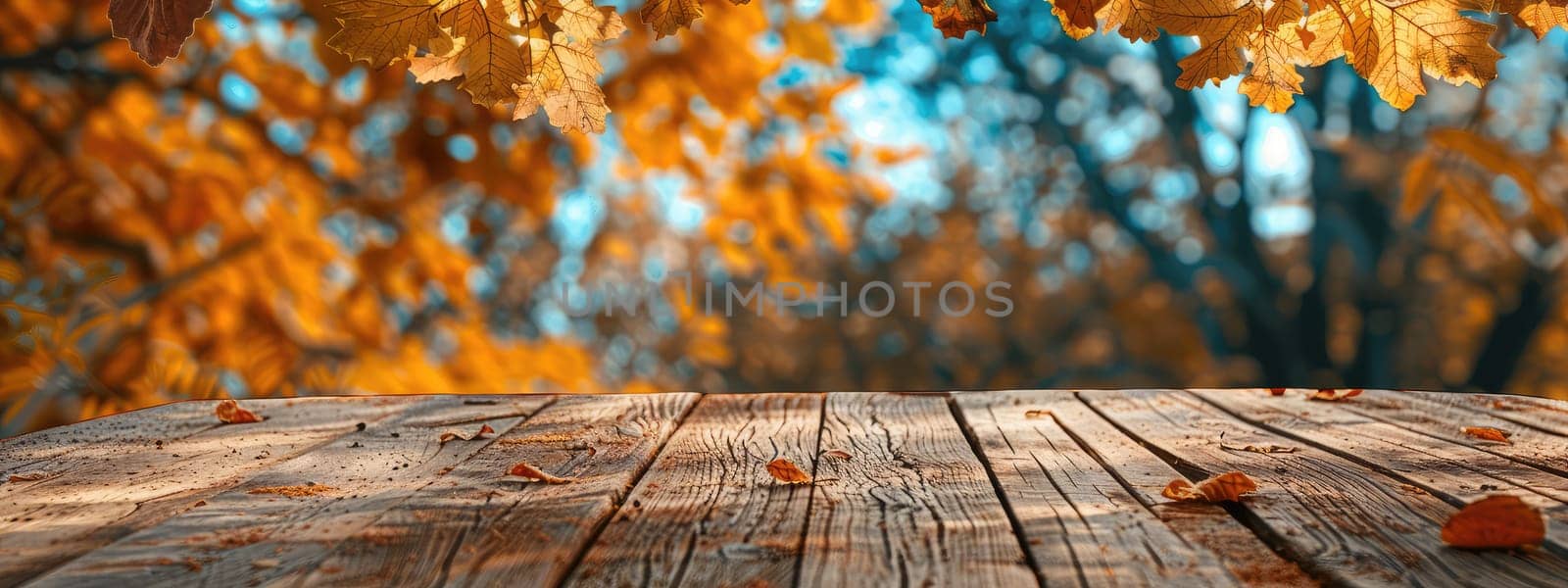 Wooden table in the autumn park. Selective focus. by yanadjana