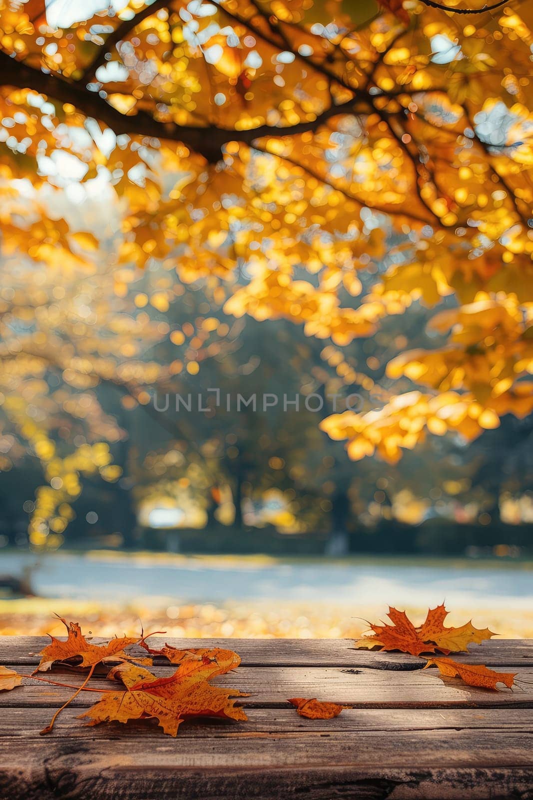 Wooden table in the autumn park. Selective focus. Nature.