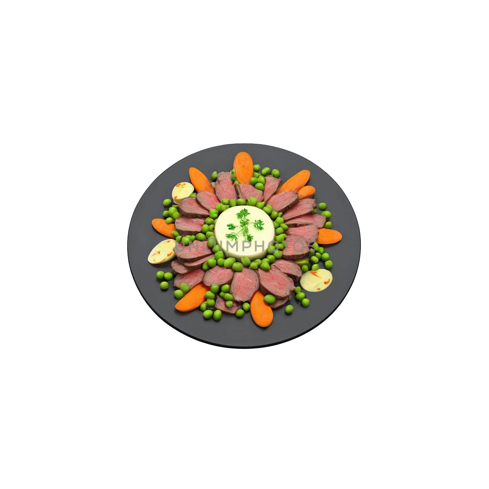 Romanian salată de boeuf beef salad potatoes carrots peas pickles mayonnaise served on a plate. close-up food, isolated on transparent background