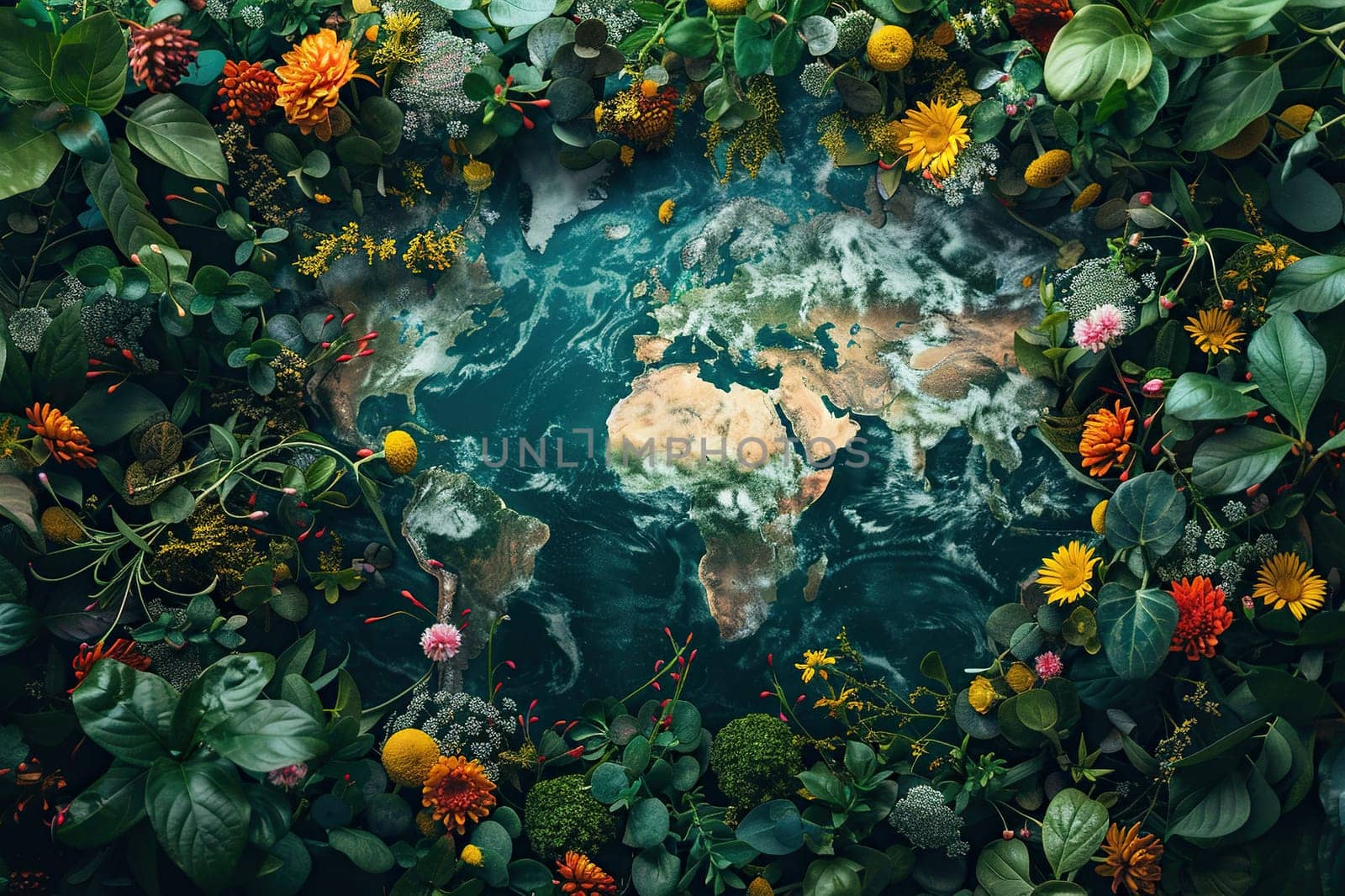 World map made of greenery and summer flowers. Natural background.