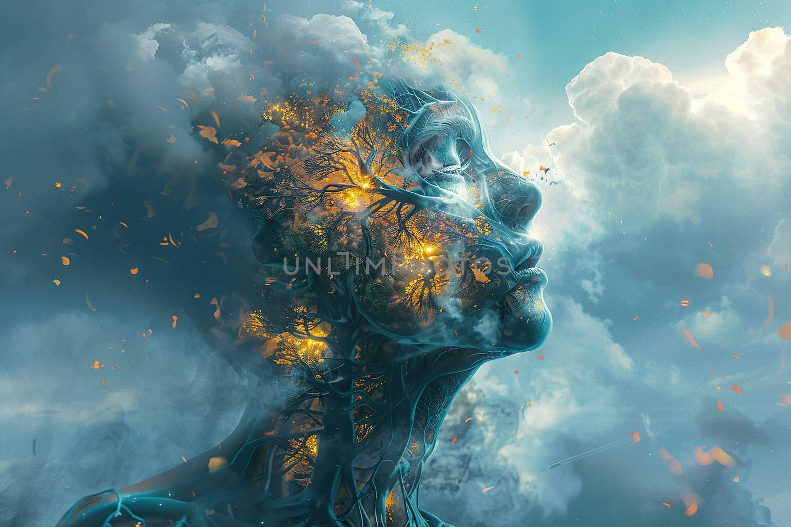 Abstract image of a woman's face in fire and smoke against the sky. The concept of preserving the environment and a clean planet.