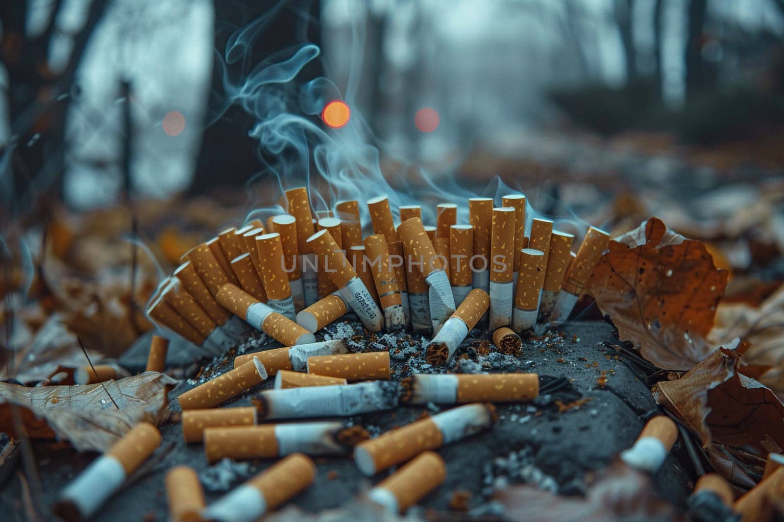 Close-up of cigarette butts with smoke and ash.