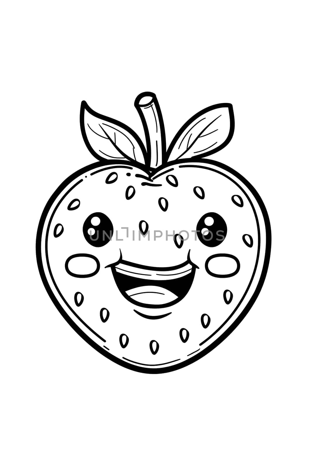 A black and white drawing of a cheerful strawberry with a smiling face on it, symbolizing happiness and joy. Its a cute design that can be used on tableware, serveware, and drinkware