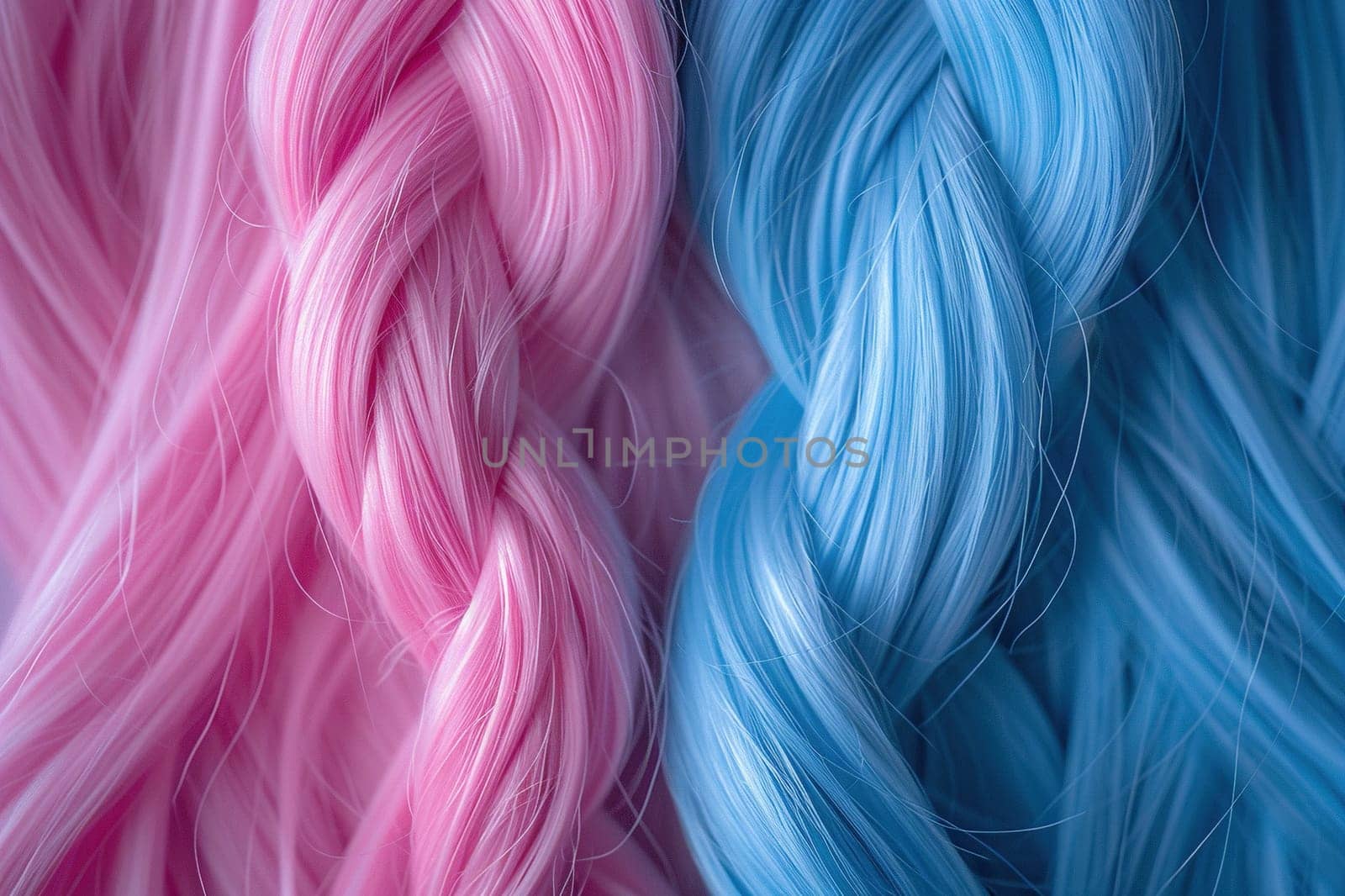 Pink and blue braids are braided on the girl's hair.
