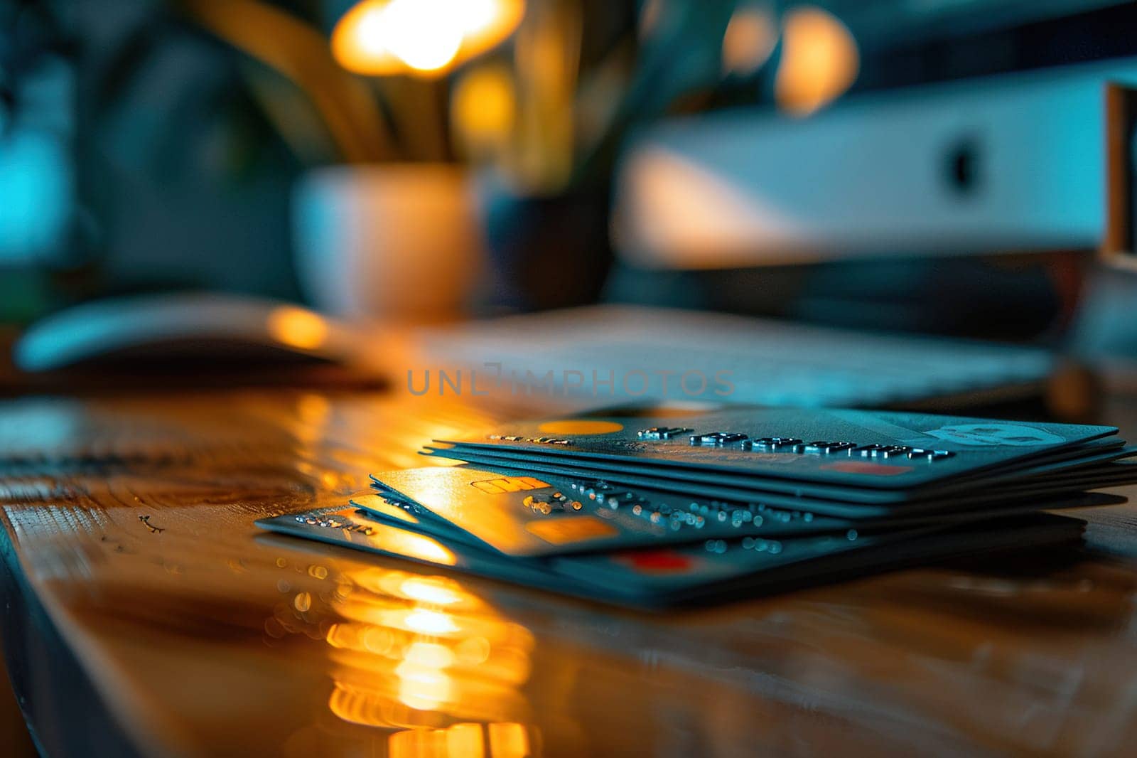 Bank credit cards on office table with laptop.