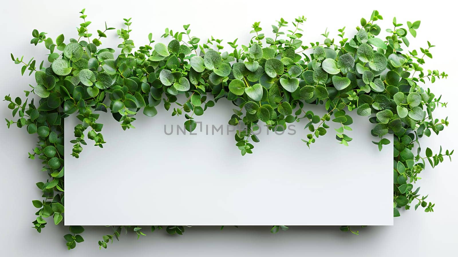 Modern white green background with greenery frame. Cover background for website design, social media advertising banner, flyer, invitation card.