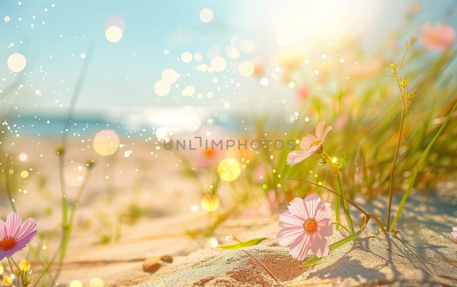 Morning light bathes pink wildflowers on a sandy beach, creating a dreamy atmosphere. The gentle sea breeze adds to the serene setting by sfinks