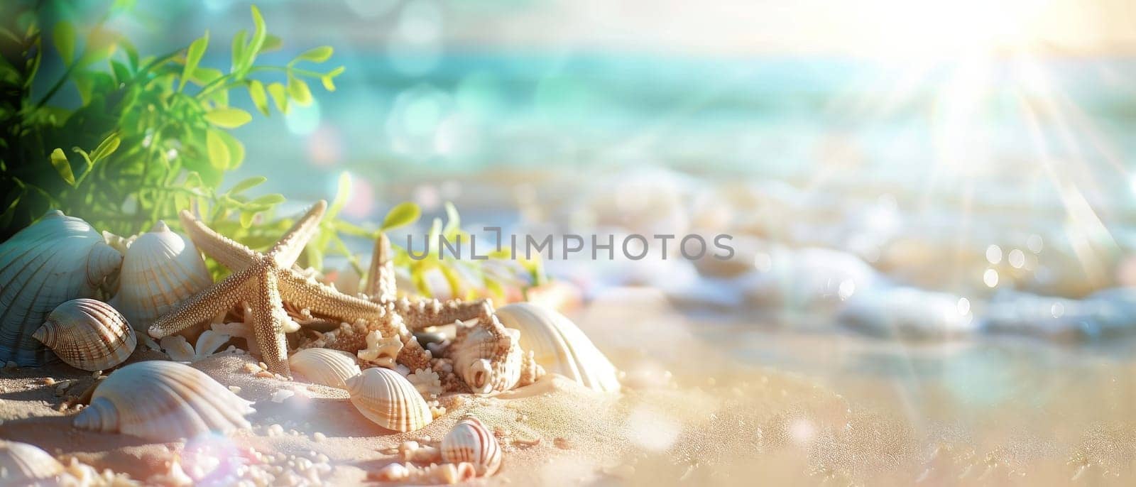 Shells and starfish scattered on a sun-drenched beach create a picturesque marine tableau, evoking the spirit of ocean discovery by sfinks