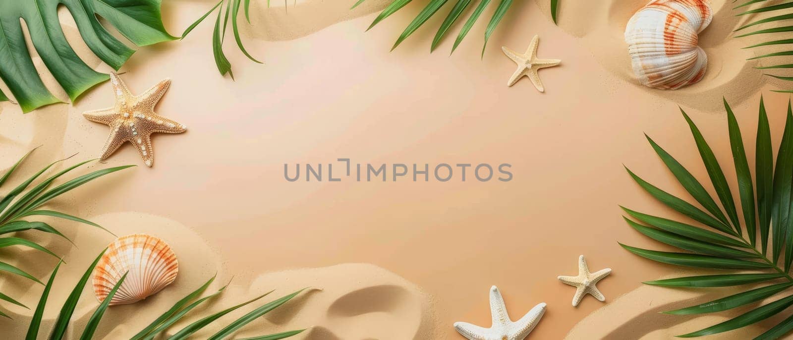 Palm leaves and sea treasures form a natural frame on a sandy background, perfect for summer themes and tropical designs by sfinks