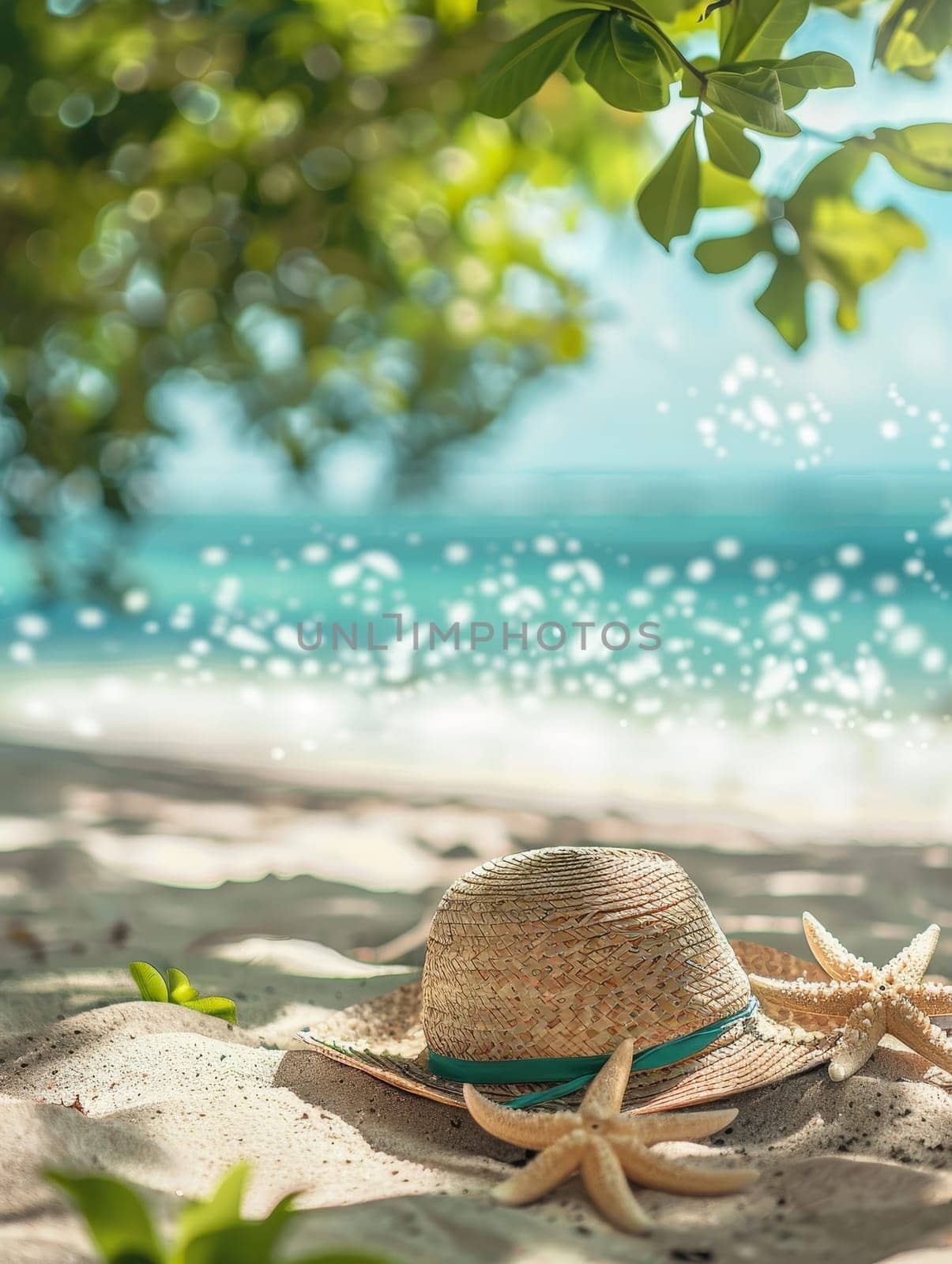 A straw hat rests on a sandy beach, accompanied by starfish under the shade of tropical foliage. This inviting scene captures the leisurely pace of a perfect beach getaway.