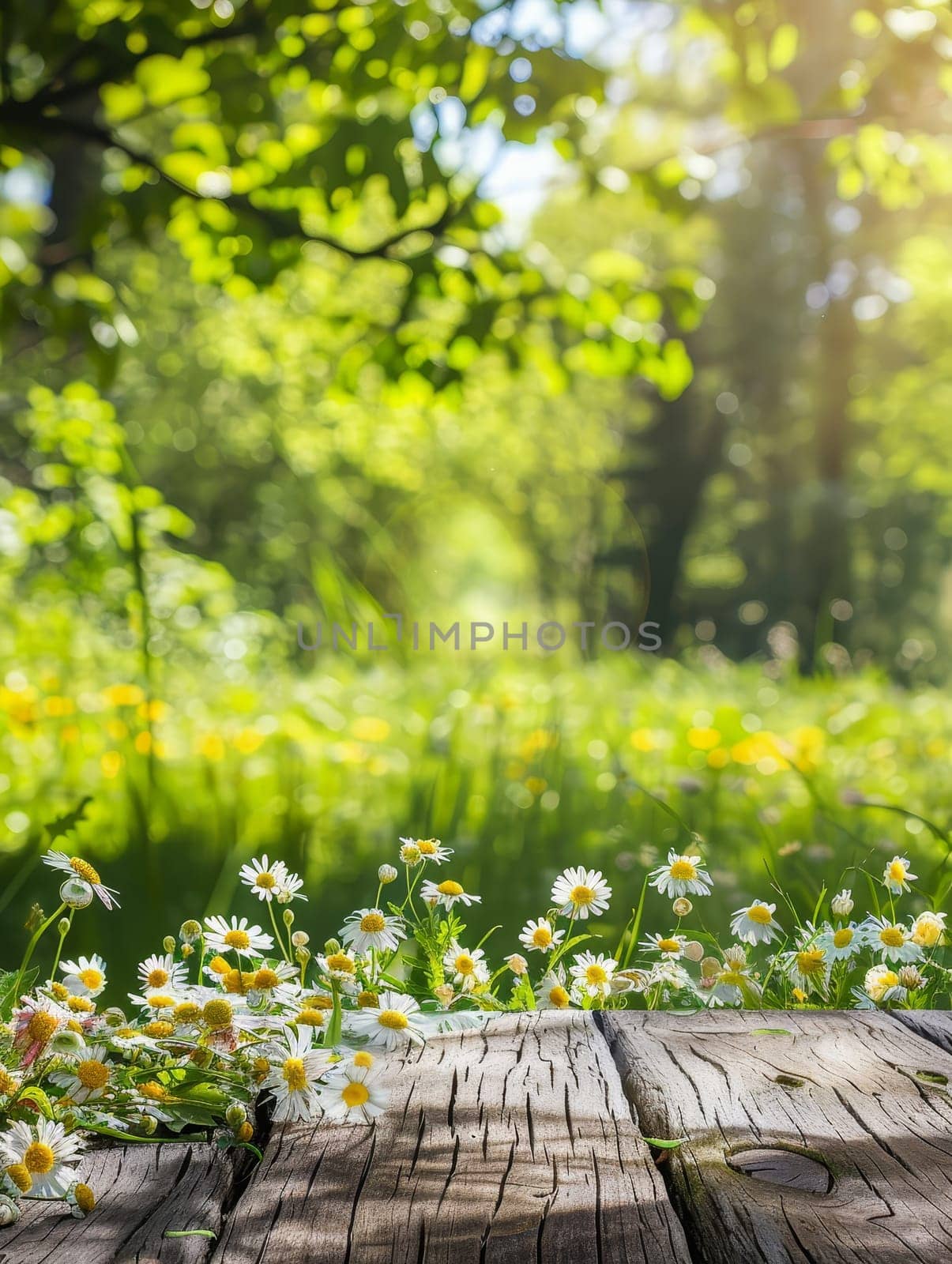 Dappled sunlight highlights a wooden surface framed by lush greenery, with a bouquet of wildflowers adding a touch of spring's joy. The scene embodies the freshness and beauty of a blooming meadow.