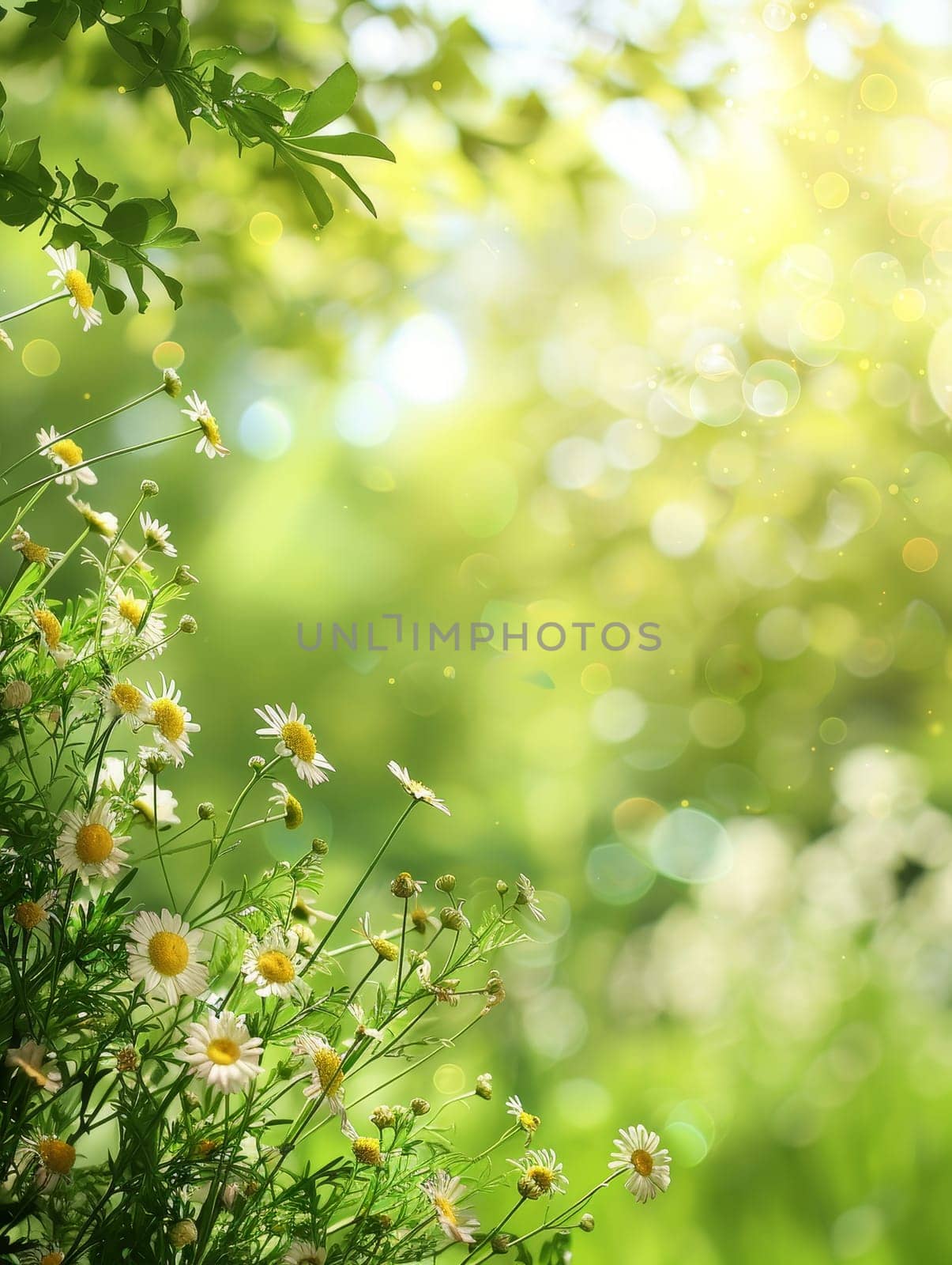 The sun's rays enchantingly illuminate a forest floor, where daisies spread across a wooden foreground. It's a magical snapshot of nature's quiet dance with light.