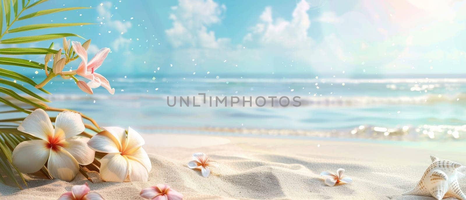 The sun-kissed sands of a tranquil beach are adorned with tropical flowers and palms, radiating a calm, holiday vibe. The scene evokes a sense of peaceful isolation, perfect for a tropical escape by sfinks