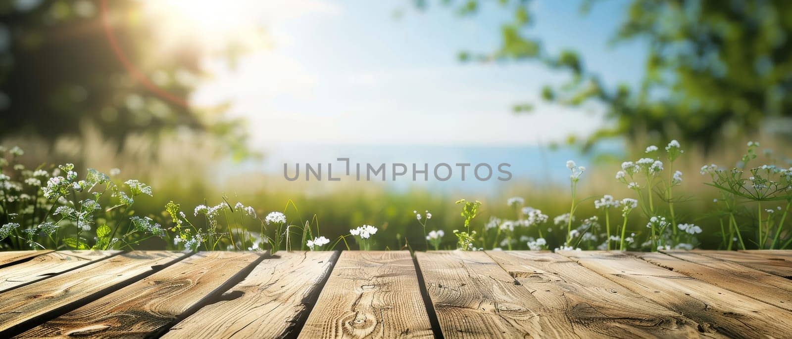 Warm sunlight filters through fresh green leaves, highlighting a rustic wooden platform adorned with delicate white flowers. Essence of spring's renewal and the peace of nature's embrace.