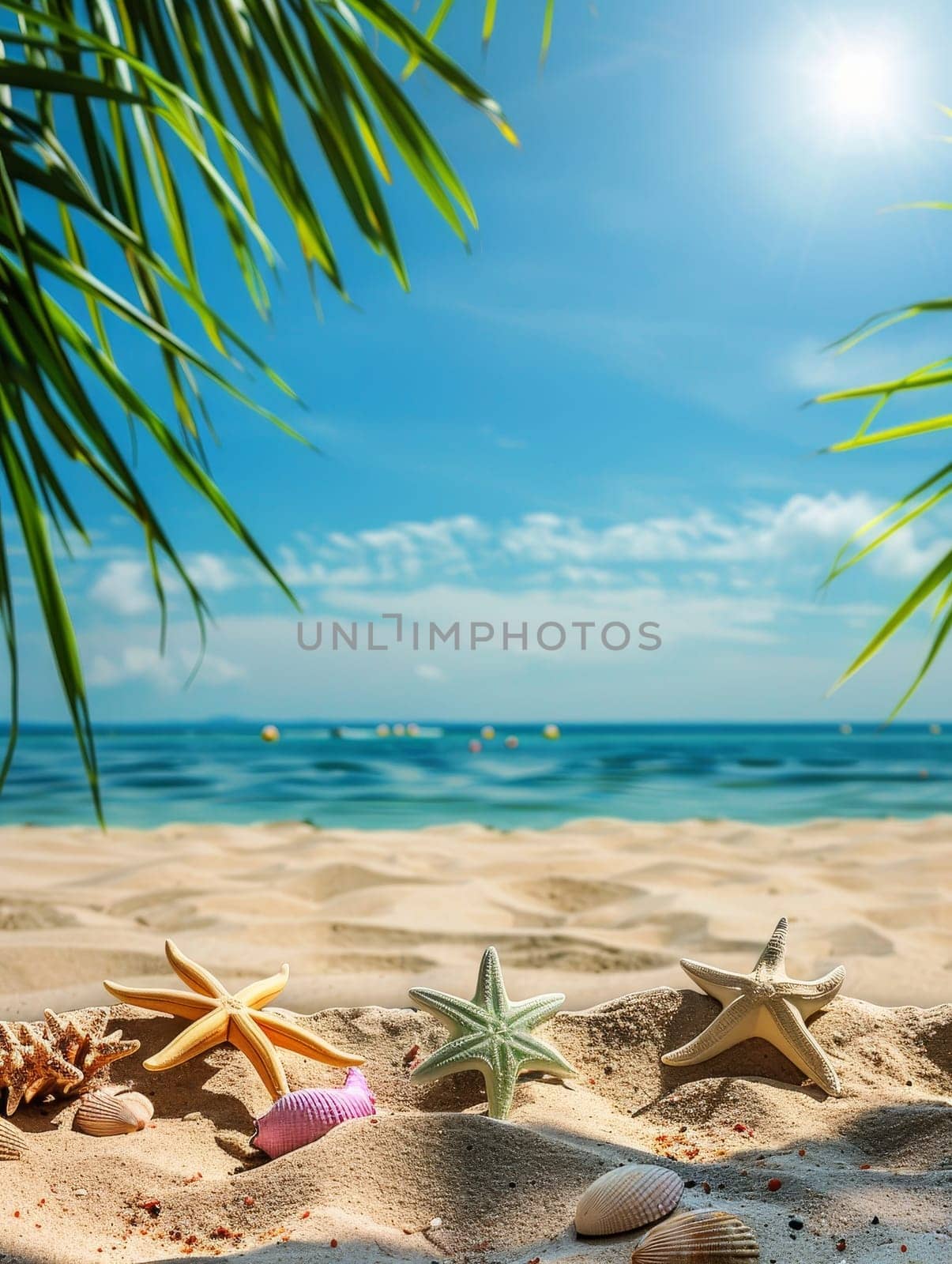 A collection of starfish and shells lies scattered on sunlit sand, framed by tropical palm fronds against a clear blue sky. It's a picturesque moment of coastal beauty and marine discovery.