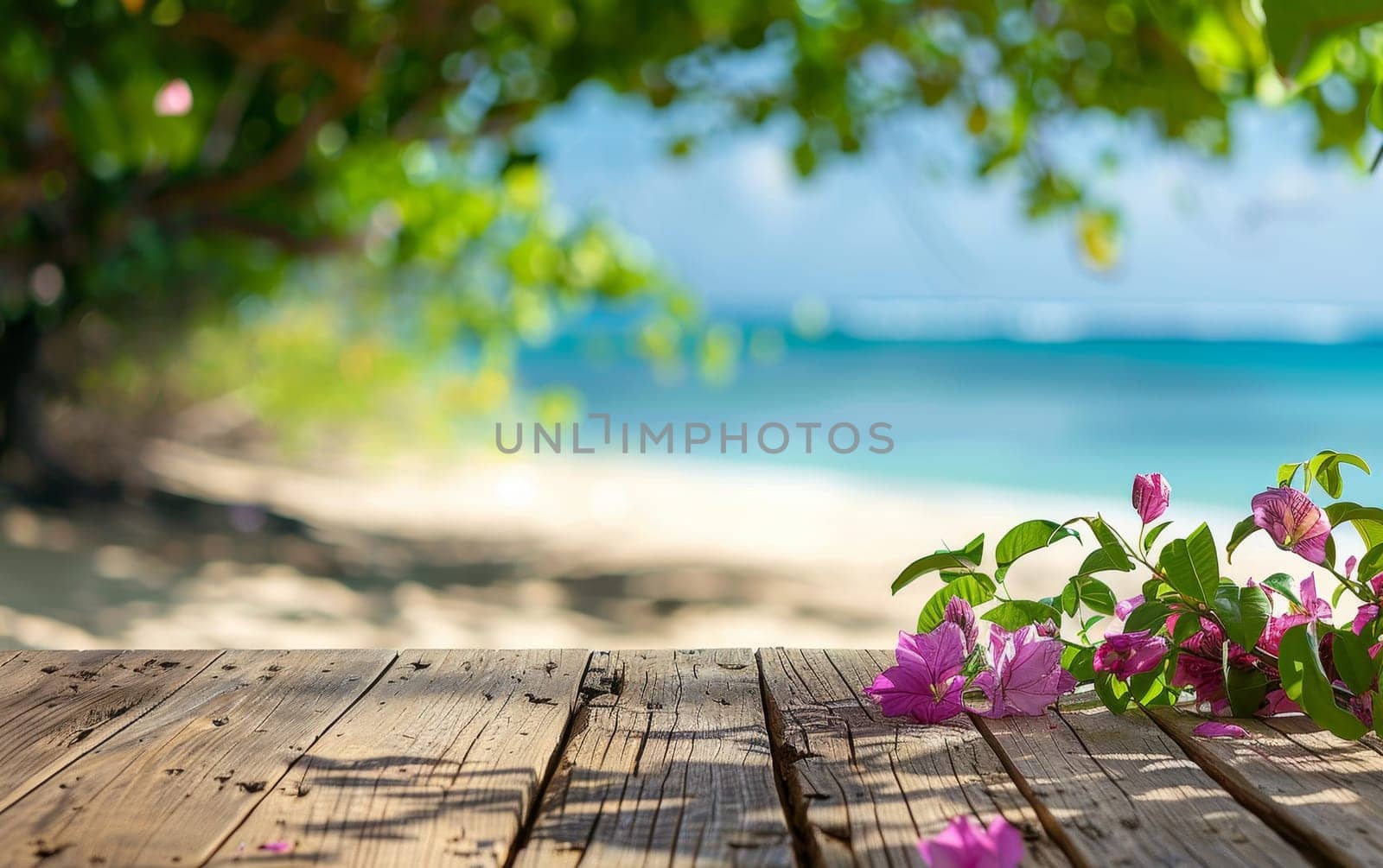 A rustic wooden deck offers a view of vibrant pink flowers with a blurred tropical beach in the background. The serene atmosphere is palpable, inviting relaxation and contemplation by sfinks