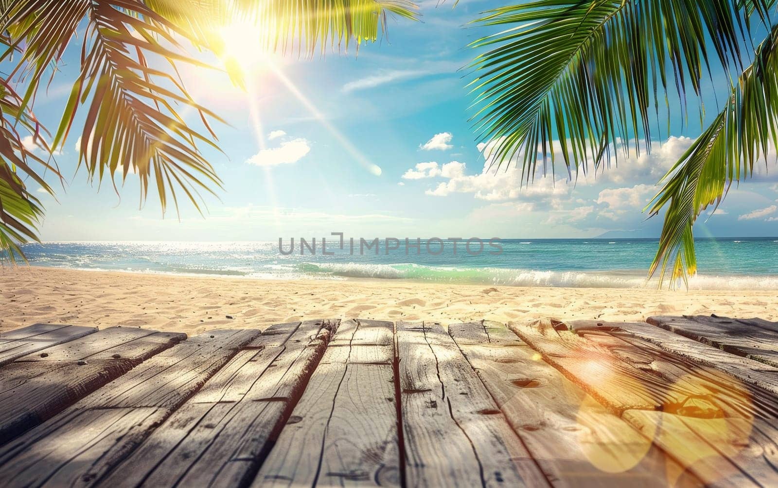 A wooden pathway leads to a sunlit beach where palm shadows play on the sand and the ocean waves gently lap the shore.