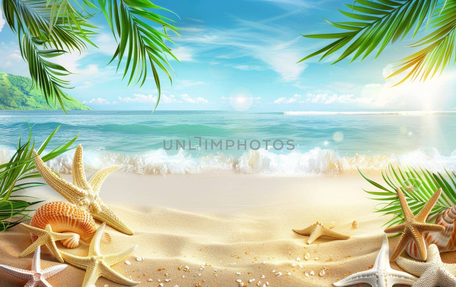 Morning light washes over a serene beach, with starfish and seashells scattered across the pristine sand as the sea whispers in the background.