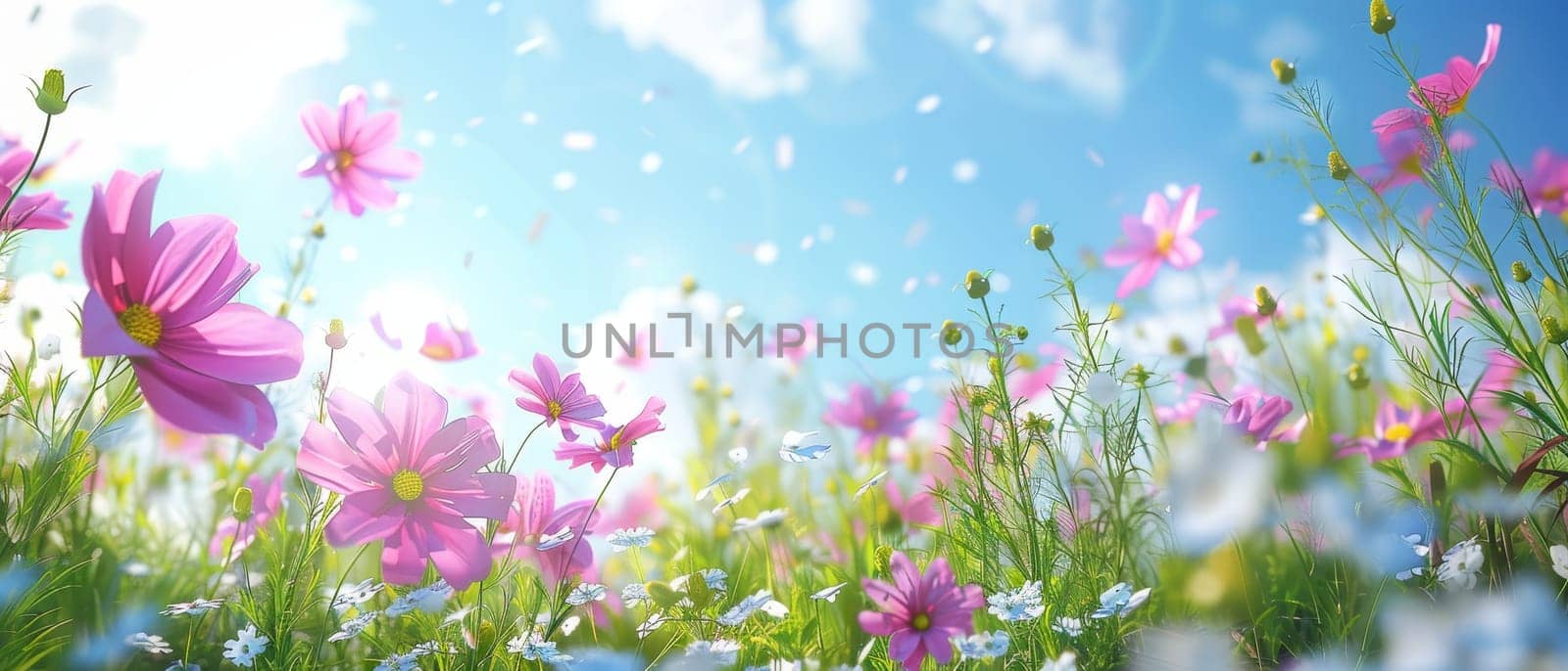 A field of pink cosmos flowers sways under a clear blue sky, giving the impression of a tranquil, ethereal dreamscape by sfinks