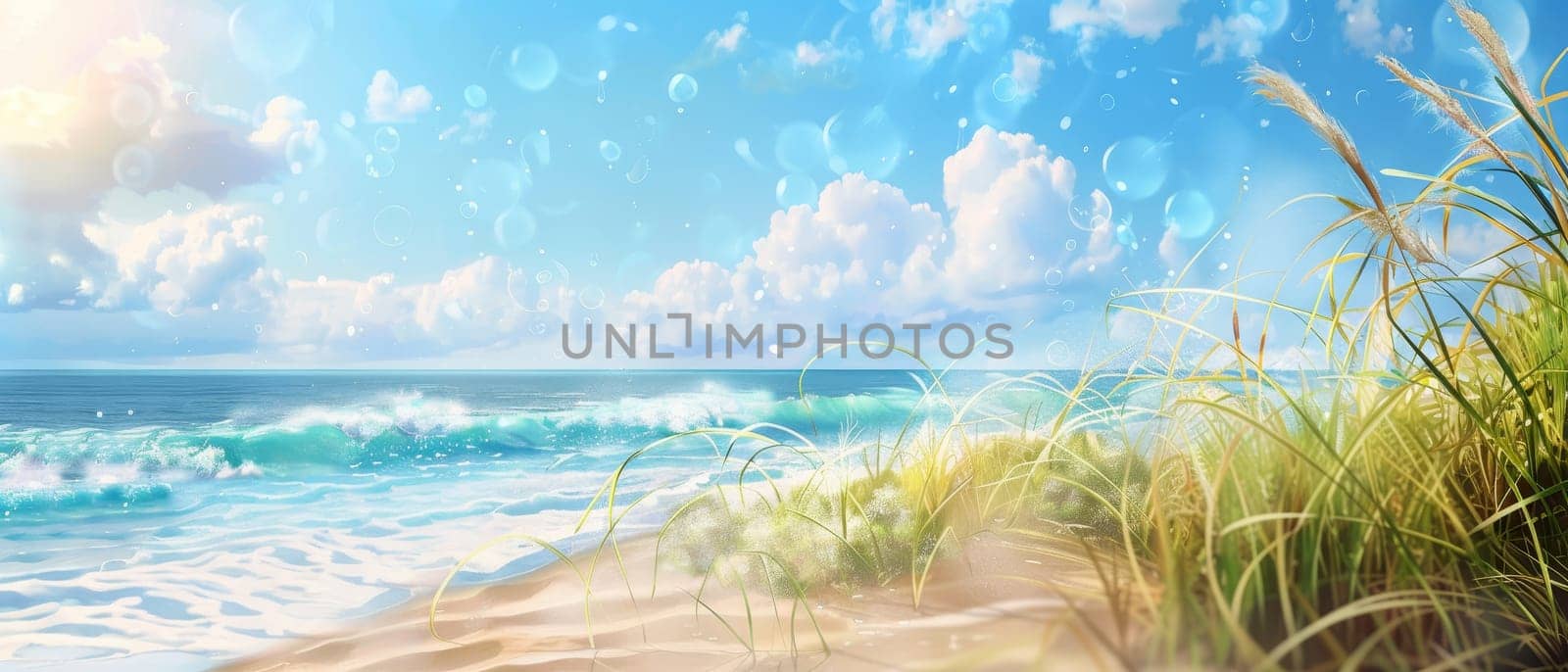 Sea oats dance in the ocean breeze on a sun-drenched beach, with sparkling sea foam and a clear sky enhancing the sense of a perfect summer day.