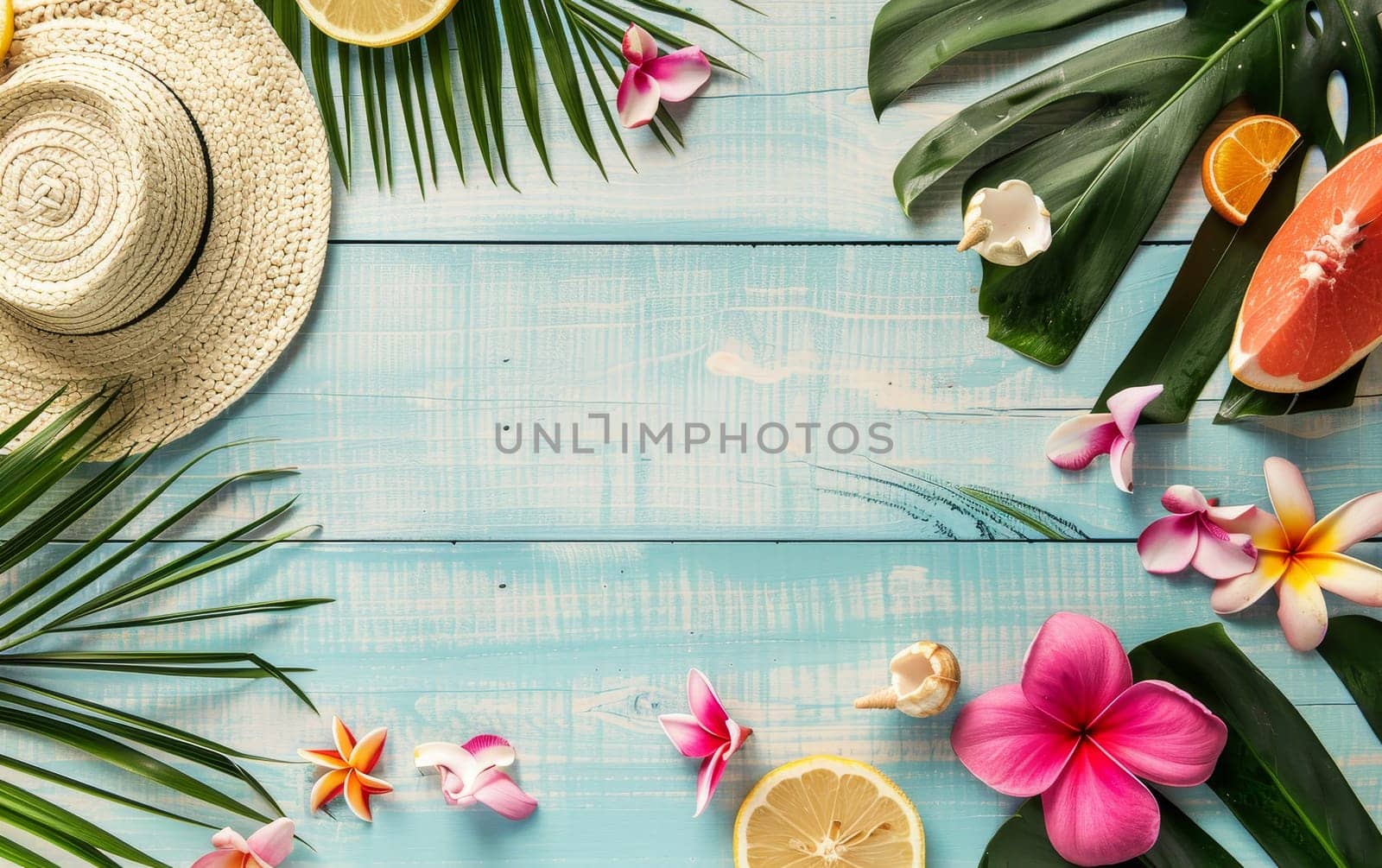 A sun hat, vibrant frangipani flowers, and starfish set on a pastel blue wooden background invoke the spirit of summer and beach holidays.