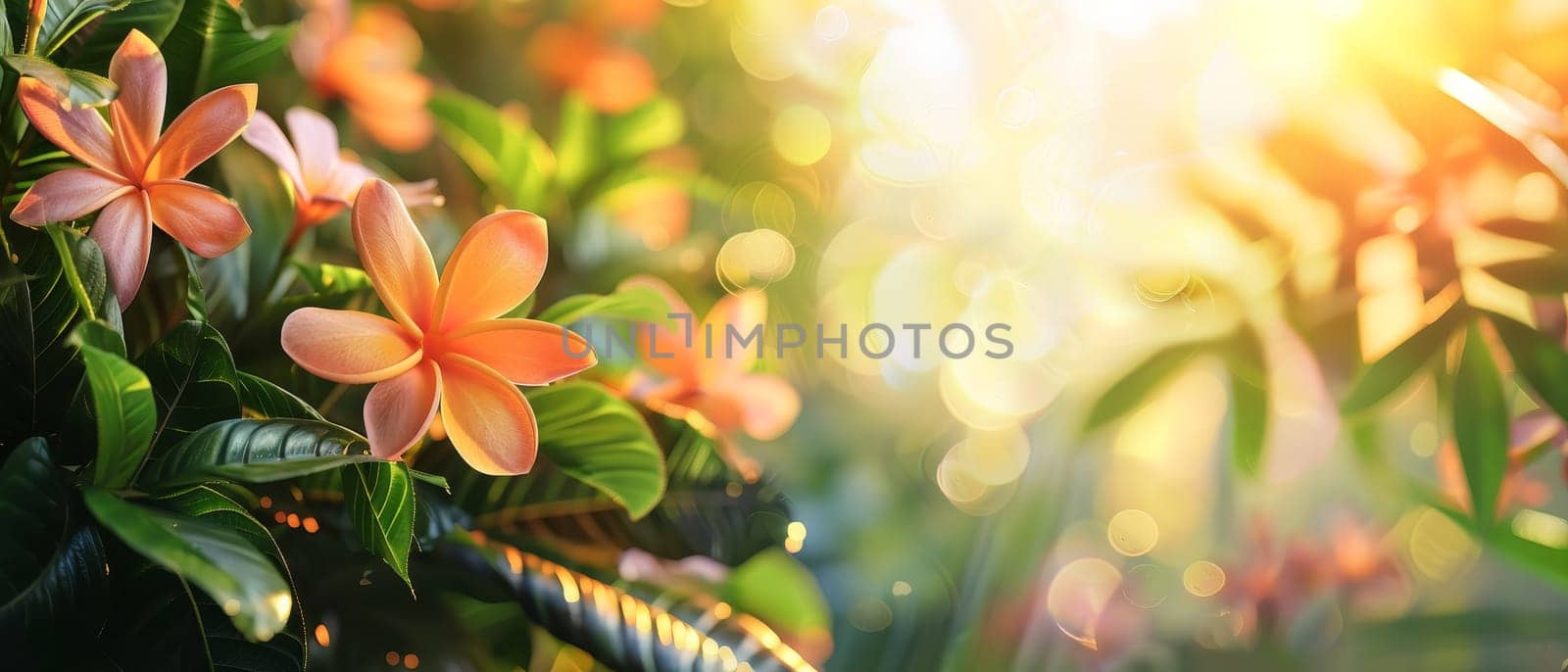 Plumeria flowers bask in the golden sunlight, their radiant hues enhanced by the lush tropical foliage in the background by sfinks